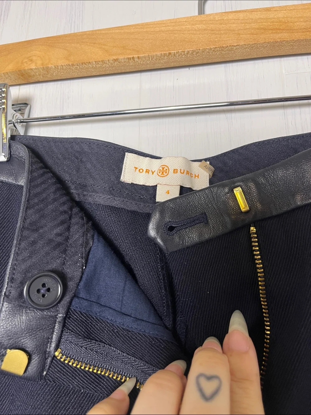 Tory Burch Christy Wool Blend Navy Trouser Pants Lambskin Leather Trim Size 4